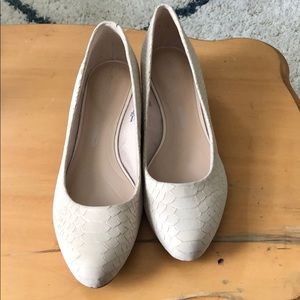 Nude beige wedge heels, snake print